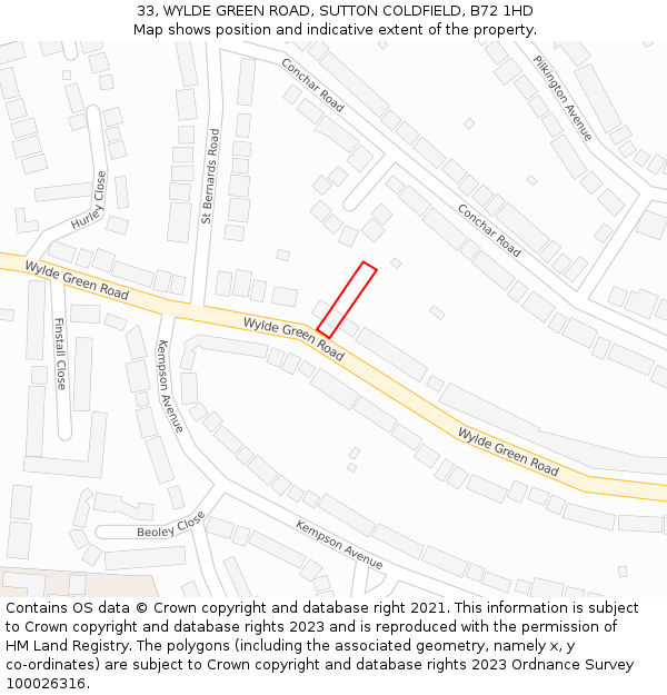 33, WYLDE GREEN ROAD, SUTTON COLDFIELD, B72 1HD: Location map and indicative extent of plot