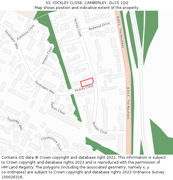 33, YOCKLEY CLOSE, CAMBERLEY, GU15 1QQ: Location map and indicative extent of plot