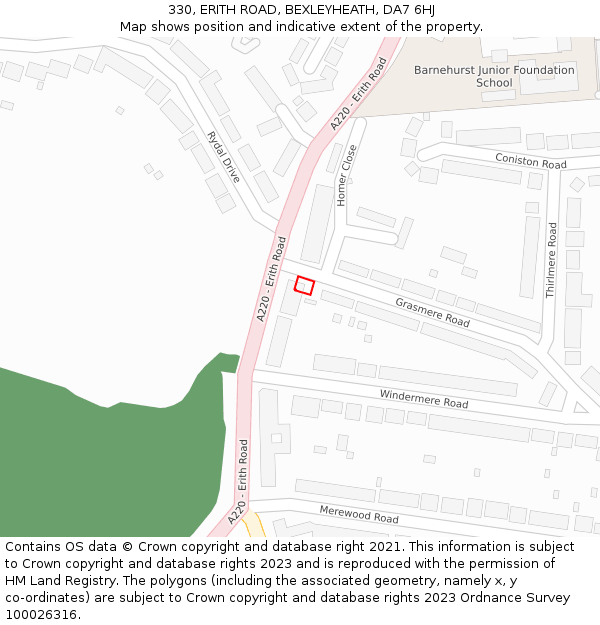 330, ERITH ROAD, BEXLEYHEATH, DA7 6HJ: Location map and indicative extent of plot
