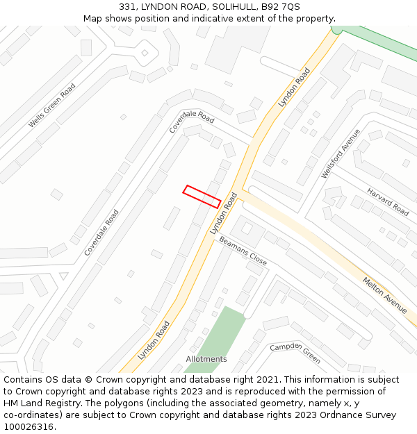 331, LYNDON ROAD, SOLIHULL, B92 7QS: Location map and indicative extent of plot