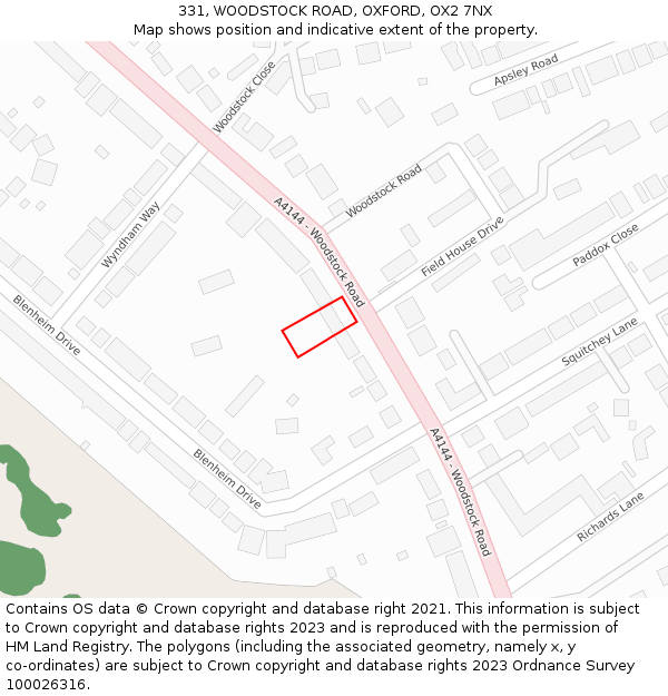 331, WOODSTOCK ROAD, OXFORD, OX2 7NX: Location map and indicative extent of plot