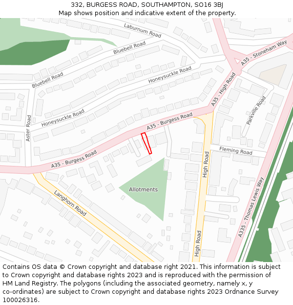332, BURGESS ROAD, SOUTHAMPTON, SO16 3BJ: Location map and indicative extent of plot
