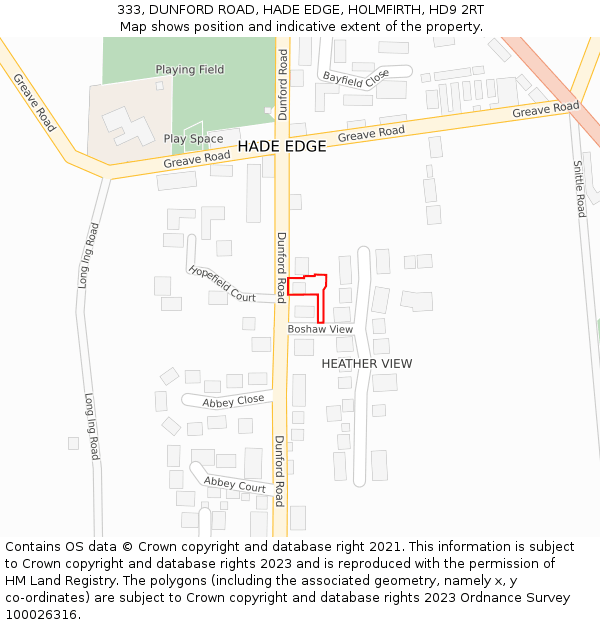 333, DUNFORD ROAD, HADE EDGE, HOLMFIRTH, HD9 2RT: Location map and indicative extent of plot