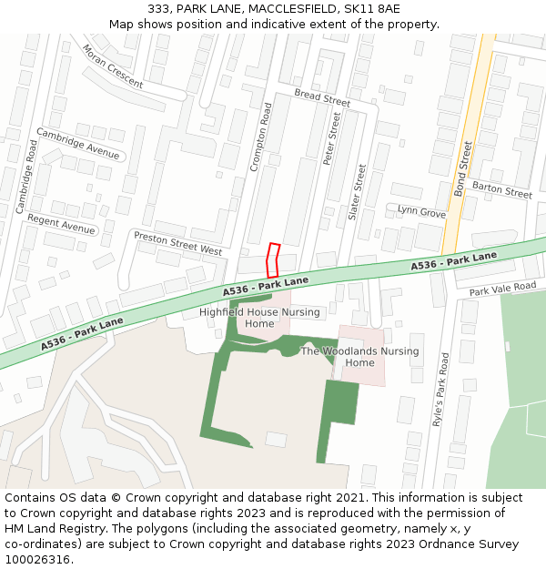 333, PARK LANE, MACCLESFIELD, SK11 8AE: Location map and indicative extent of plot