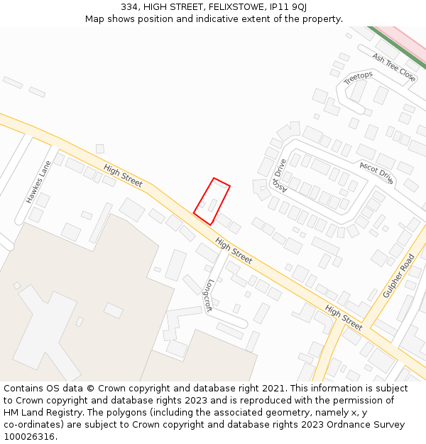 334, HIGH STREET, FELIXSTOWE, IP11 9QJ: Location map and indicative extent of plot