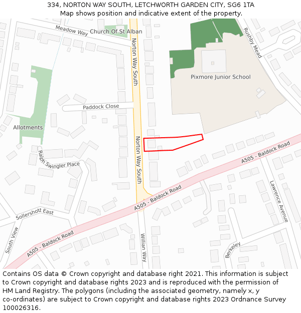 334, NORTON WAY SOUTH, LETCHWORTH GARDEN CITY, SG6 1TA: Location map and indicative extent of plot