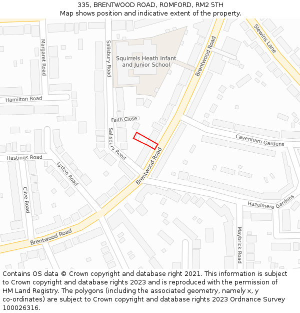 335, BRENTWOOD ROAD, ROMFORD, RM2 5TH: Location map and indicative extent of plot