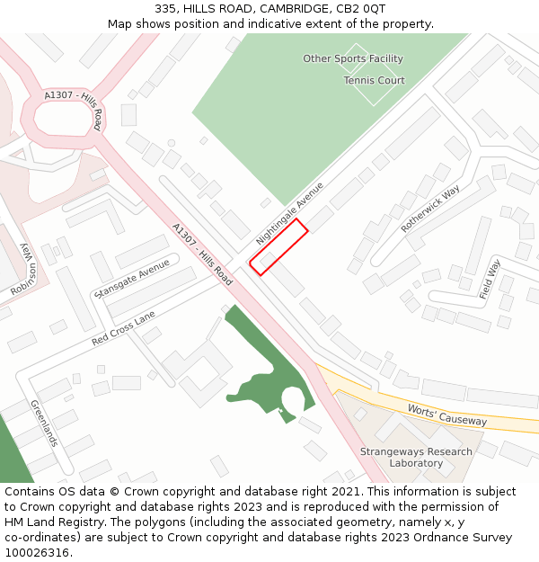 335, HILLS ROAD, CAMBRIDGE, CB2 0QT: Location map and indicative extent of plot