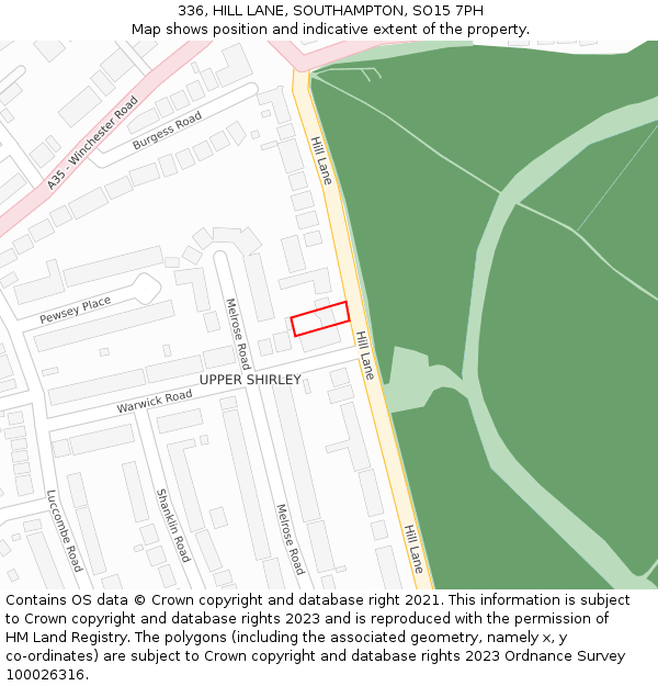 336, HILL LANE, SOUTHAMPTON, SO15 7PH: Location map and indicative extent of plot