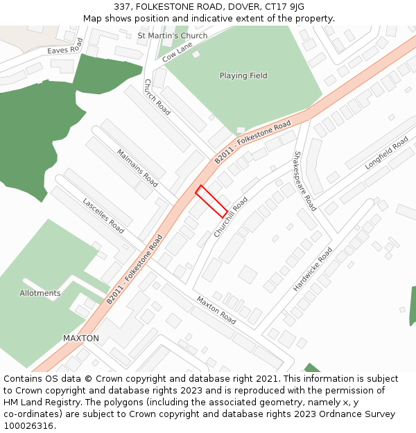 337, FOLKESTONE ROAD, DOVER, CT17 9JG: Location map and indicative extent of plot