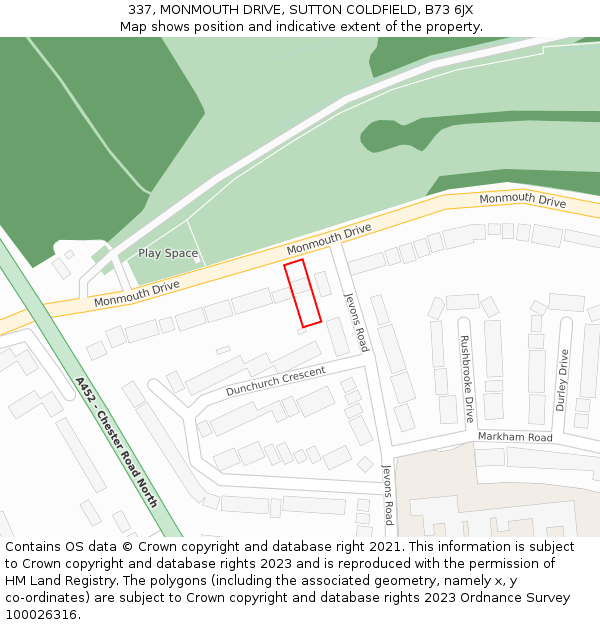 337, MONMOUTH DRIVE, SUTTON COLDFIELD, B73 6JX: Location map and indicative extent of plot