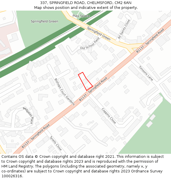 337, SPRINGFIELD ROAD, CHELMSFORD, CM2 6AN: Location map and indicative extent of plot