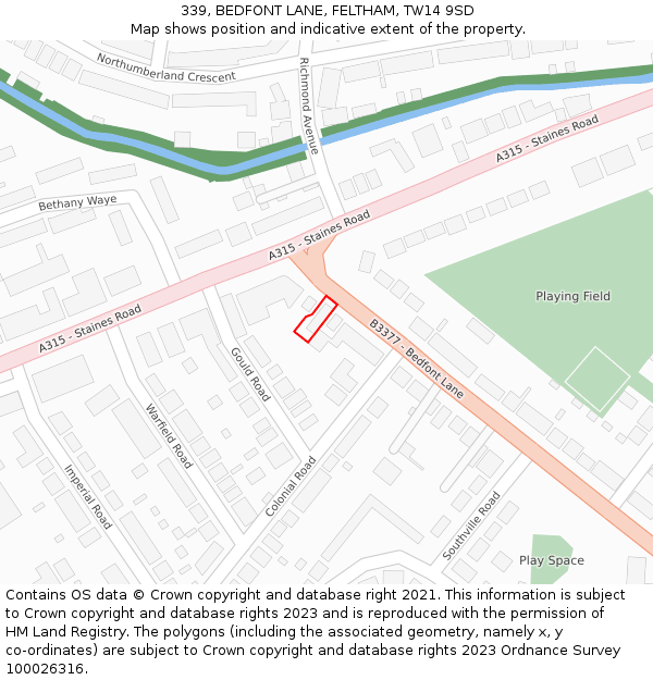 339, BEDFONT LANE, FELTHAM, TW14 9SD: Location map and indicative extent of plot