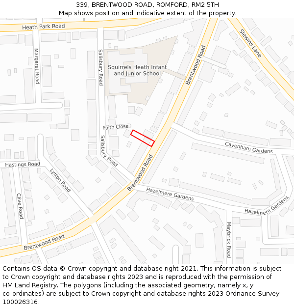 339, BRENTWOOD ROAD, ROMFORD, RM2 5TH: Location map and indicative extent of plot