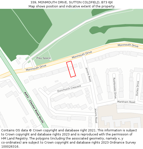 339, MONMOUTH DRIVE, SUTTON COLDFIELD, B73 6JX: Location map and indicative extent of plot
