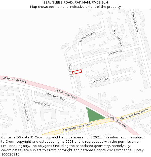 33A, GLEBE ROAD, RAINHAM, RM13 9LH: Location map and indicative extent of plot