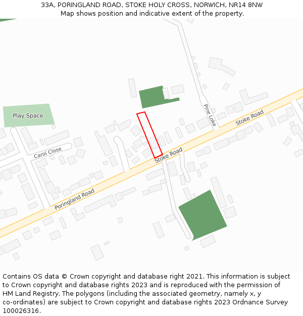 33A, PORINGLAND ROAD, STOKE HOLY CROSS, NORWICH, NR14 8NW: Location map and indicative extent of plot