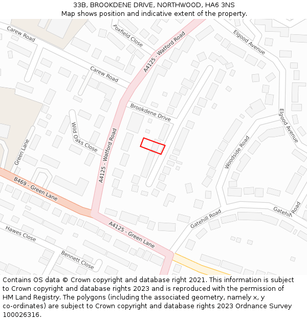 33B, BROOKDENE DRIVE, NORTHWOOD, HA6 3NS: Location map and indicative extent of plot
