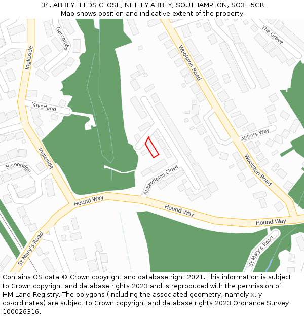 34, ABBEYFIELDS CLOSE, NETLEY ABBEY, SOUTHAMPTON, SO31 5GR: Location map and indicative extent of plot