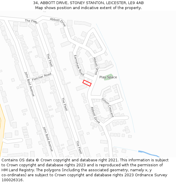 34, ABBOTT DRIVE, STONEY STANTON, LEICESTER, LE9 4AB: Location map and indicative extent of plot