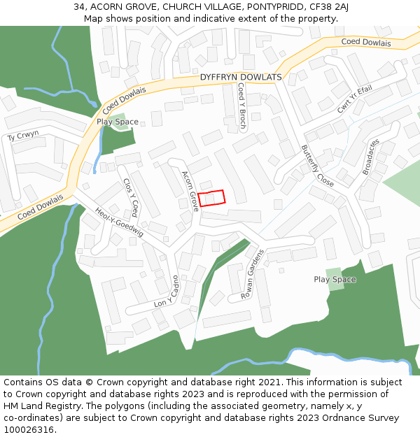 34, ACORN GROVE, CHURCH VILLAGE, PONTYPRIDD, CF38 2AJ: Location map and indicative extent of plot