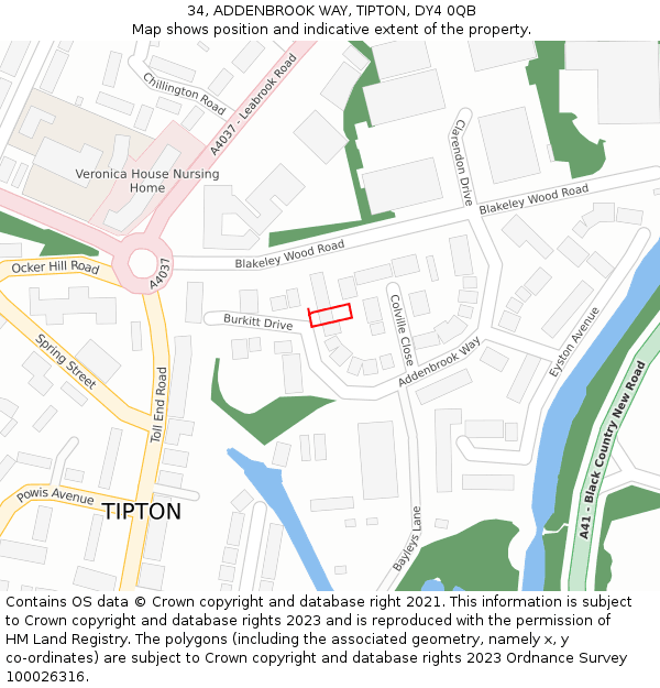 34, ADDENBROOK WAY, TIPTON, DY4 0QB: Location map and indicative extent of plot