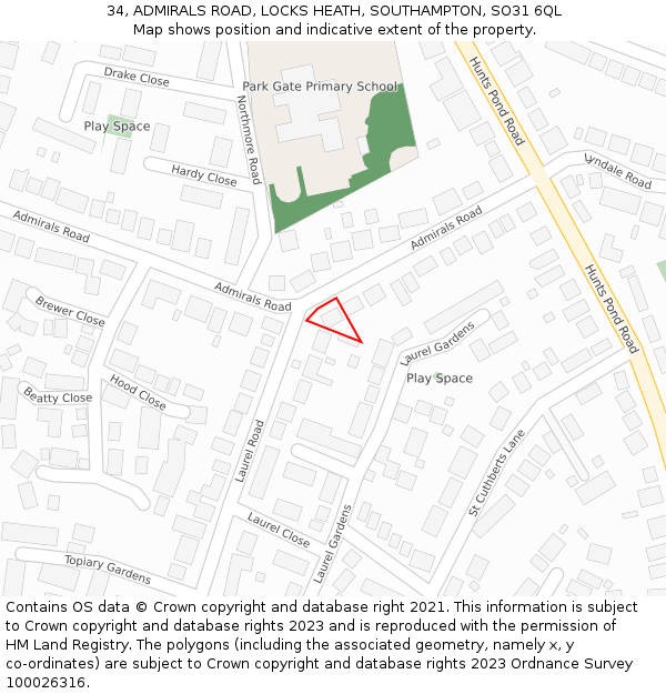 34, ADMIRALS ROAD, LOCKS HEATH, SOUTHAMPTON, SO31 6QL: Location map and indicative extent of plot