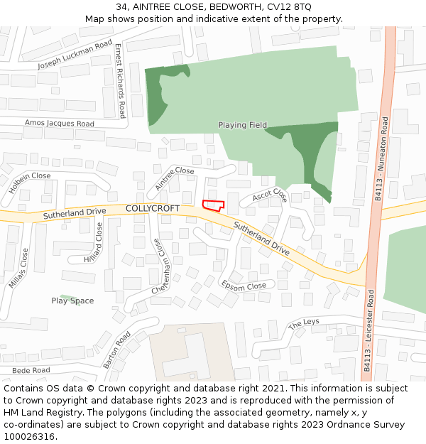 34, AINTREE CLOSE, BEDWORTH, CV12 8TQ: Location map and indicative extent of plot