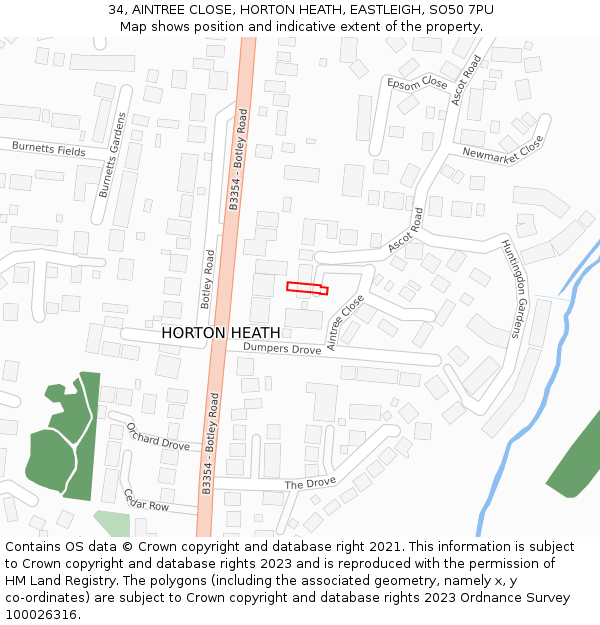 34, AINTREE CLOSE, HORTON HEATH, EASTLEIGH, SO50 7PU: Location map and indicative extent of plot