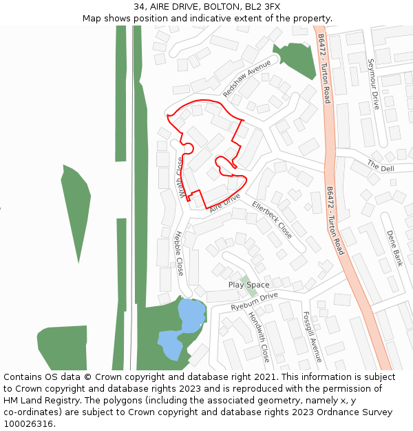 34, AIRE DRIVE, BOLTON, BL2 3FX: Location map and indicative extent of plot