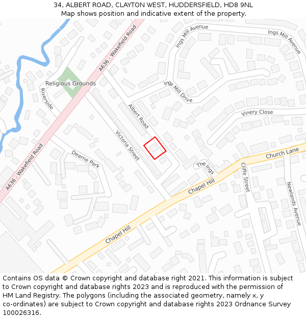34, ALBERT ROAD, CLAYTON WEST, HUDDERSFIELD, HD8 9NL: Location map and indicative extent of plot