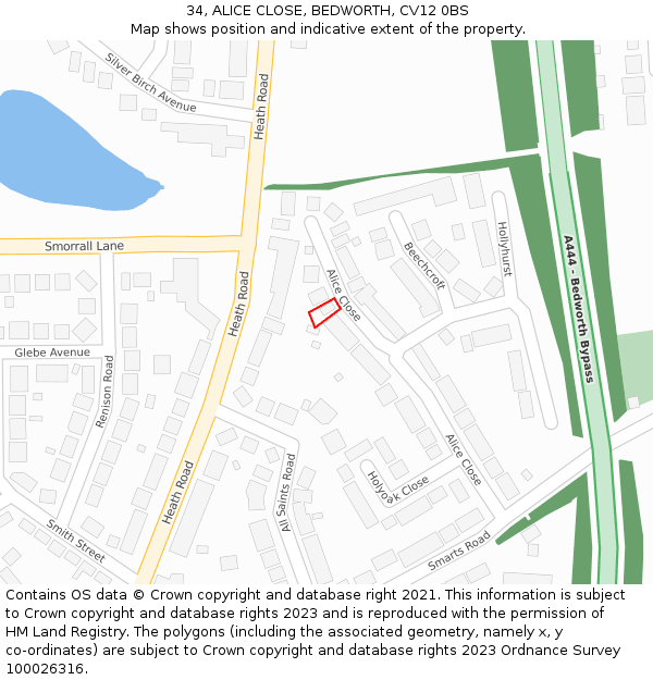 34, ALICE CLOSE, BEDWORTH, CV12 0BS: Location map and indicative extent of plot