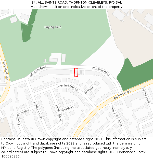 34, ALL SAINTS ROAD, THORNTON-CLEVELEYS, FY5 3AL: Location map and indicative extent of plot