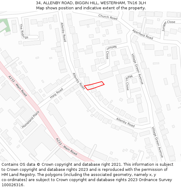 34, ALLENBY ROAD, BIGGIN HILL, WESTERHAM, TN16 3LH: Location map and indicative extent of plot