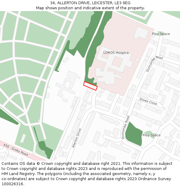 34, ALLERTON DRIVE, LEICESTER, LE3 9EG: Location map and indicative extent of plot