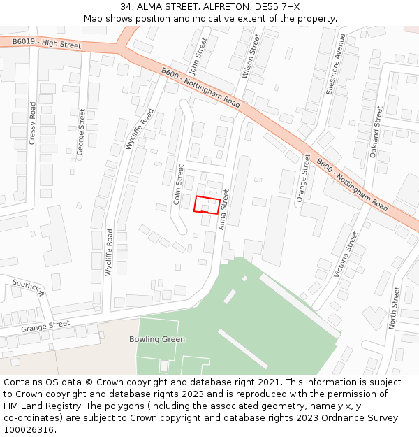34, ALMA STREET, ALFRETON, DE55 7HX: Location map and indicative extent of plot