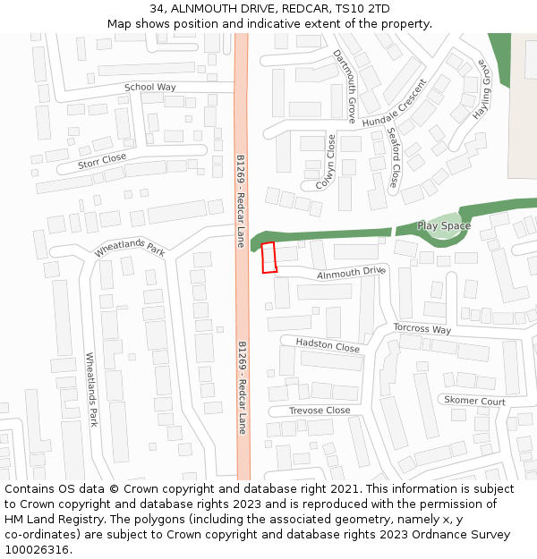 34, ALNMOUTH DRIVE, REDCAR, TS10 2TD: Location map and indicative extent of plot