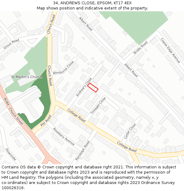 34, ANDREWS CLOSE, EPSOM, KT17 4EX: Location map and indicative extent of plot