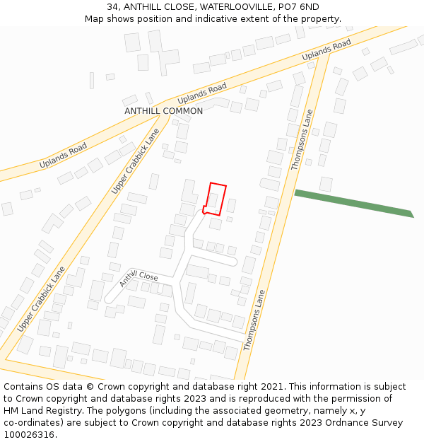 34, ANTHILL CLOSE, WATERLOOVILLE, PO7 6ND: Location map and indicative extent of plot