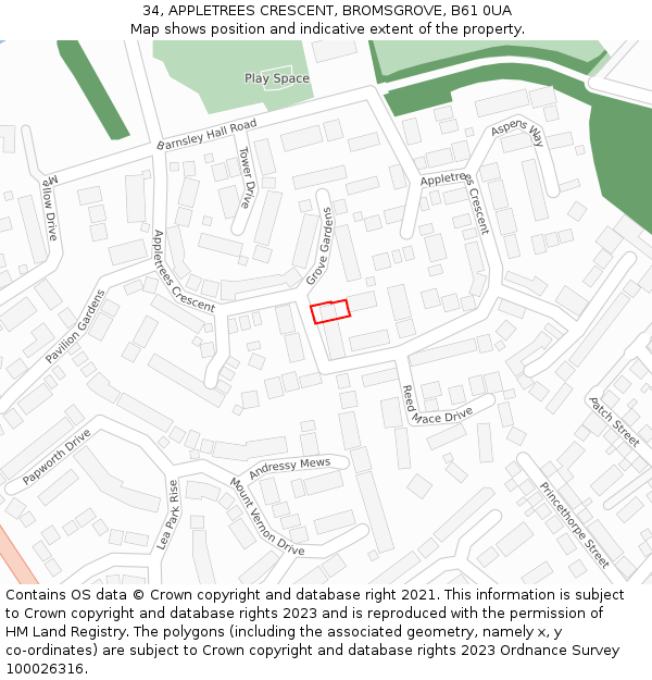 34, APPLETREES CRESCENT, BROMSGROVE, B61 0UA: Location map and indicative extent of plot