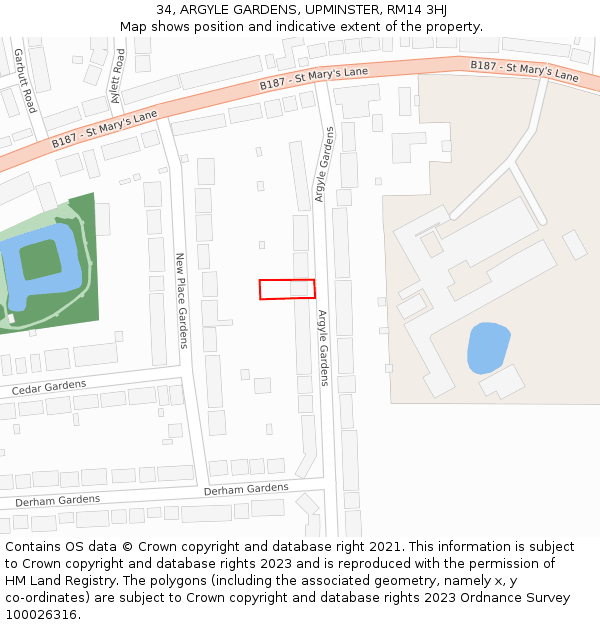 34, ARGYLE GARDENS, UPMINSTER, RM14 3HJ: Location map and indicative extent of plot