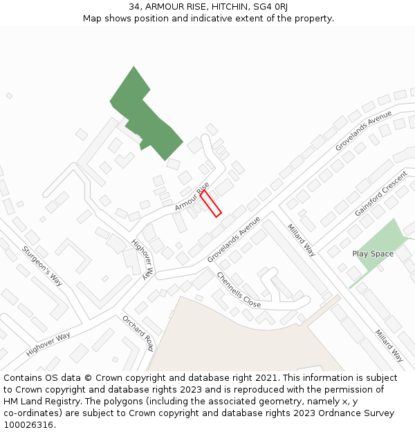 34, ARMOUR RISE, HITCHIN, SG4 0RJ: Location map and indicative extent of plot