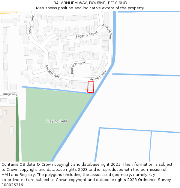 34, ARNHEM WAY, BOURNE, PE10 9UD: Location map and indicative extent of plot