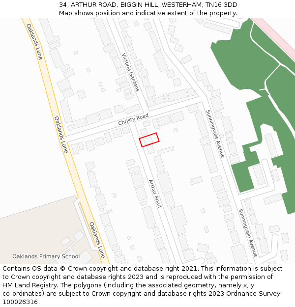34, ARTHUR ROAD, BIGGIN HILL, WESTERHAM, TN16 3DD: Location map and indicative extent of plot