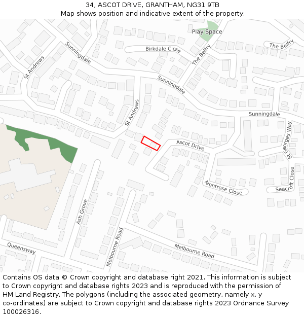 34, ASCOT DRIVE, GRANTHAM, NG31 9TB: Location map and indicative extent of plot