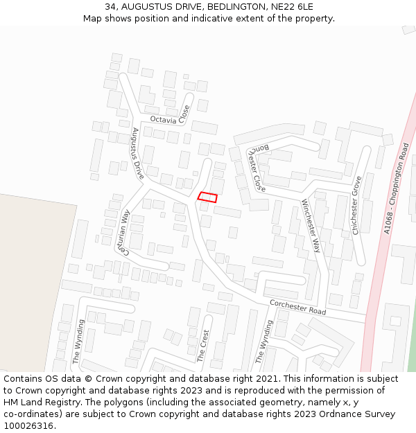 34, AUGUSTUS DRIVE, BEDLINGTON, NE22 6LE: Location map and indicative extent of plot