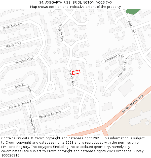 34, AYSGARTH RISE, BRIDLINGTON, YO16 7HX: Location map and indicative extent of plot