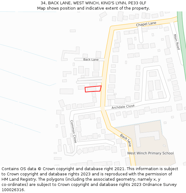 34, BACK LANE, WEST WINCH, KING'S LYNN, PE33 0LF: Location map and indicative extent of plot