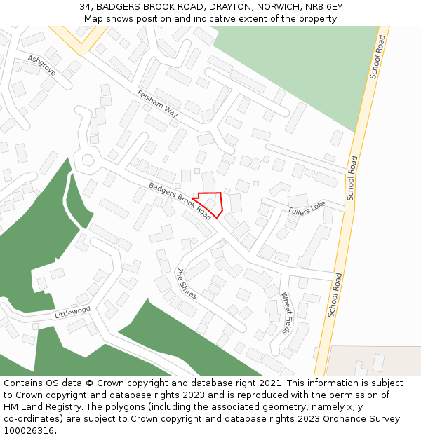 34, BADGERS BROOK ROAD, DRAYTON, NORWICH, NR8 6EY: Location map and indicative extent of plot