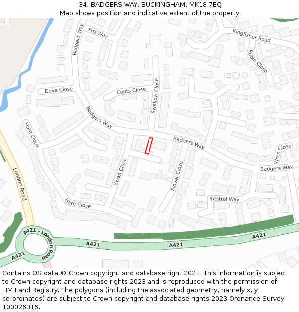 34, BADGERS WAY, BUCKINGHAM, MK18 7EQ: Location map and indicative extent of plot